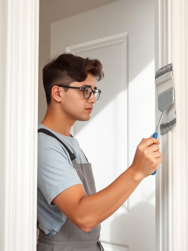 Student painter carefully painting a door frame